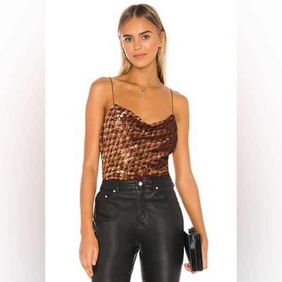 ASTR the Label Mai Sequin Cowl Neck Spaghetti Strap Top - Rust Gold - Picture 1 of 4